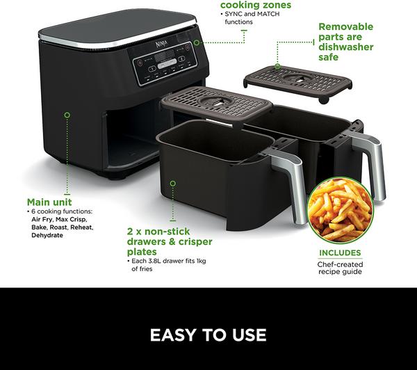 Ninja Foodi Dual Zone Air Fryer AF300UK – 7.6L, 6 Cooking Functions, Black