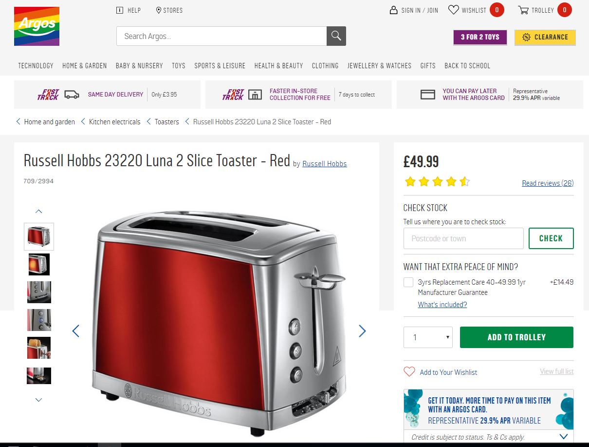 Russell Hobbs Luna Toaster 2 Slice 1500w