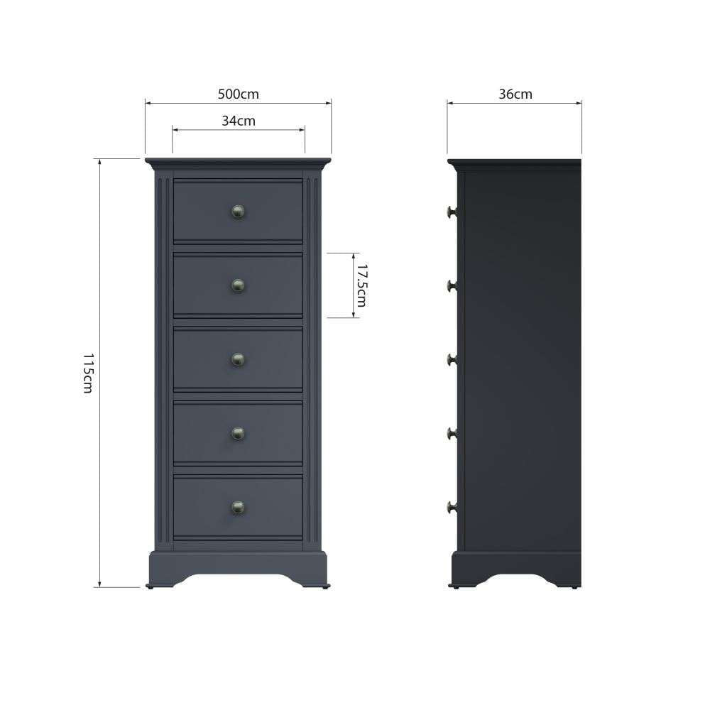 Essentials BP Bedroom - Midnight Grey 5 Drawer Narrow Chest