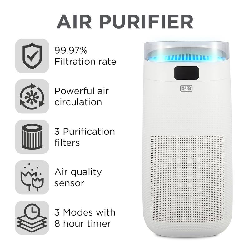 BLACK+DECKER Air Purifier with Air Quality Sensor and 8 Hour Timer White - BXAP62002GB