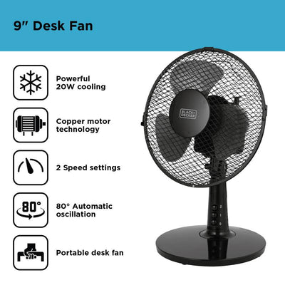 BLACK+DECKER 9 Inch Desk Fan with Long Life Motor Black - BXFD52003GB
