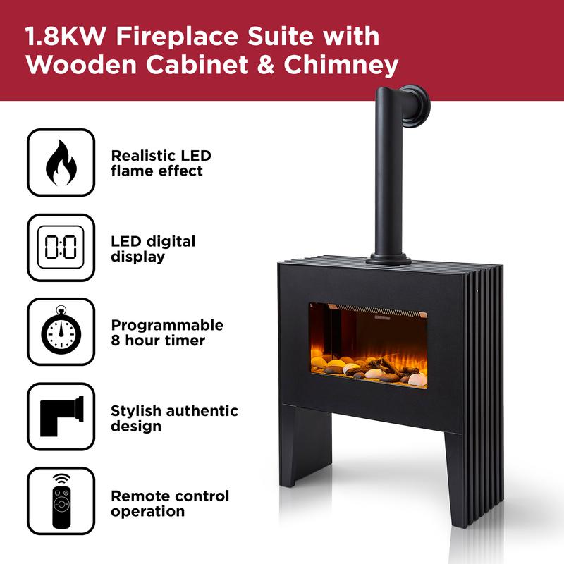 BLACK+DECKER 1.8KW Log Effect Fireplace with Chimney Black