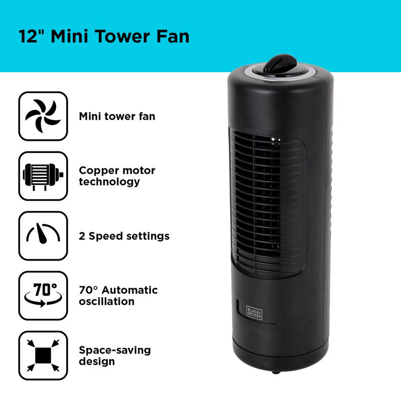 BLACK+DECKER 12 Inch Mini Capsule Tower Fan in Black