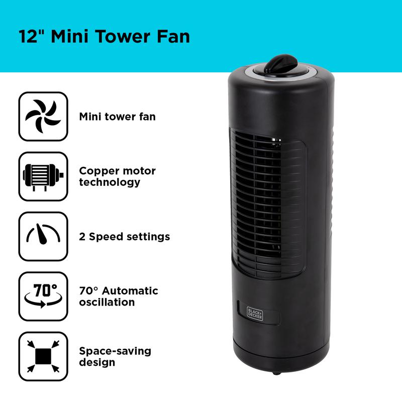 BLACK+DECKER 12 Inch Mini Capsule Tower Fan in Black - BXFT50003GB