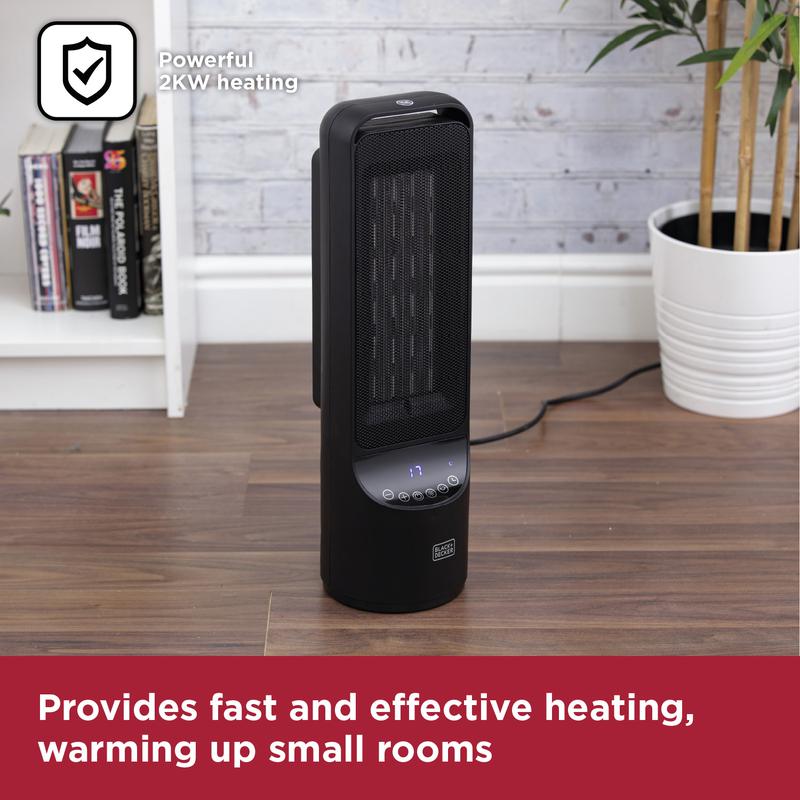 BLACK+DECKER 2KW Low Noise Ceramic Tower Heater with 12 Hour Timer Black