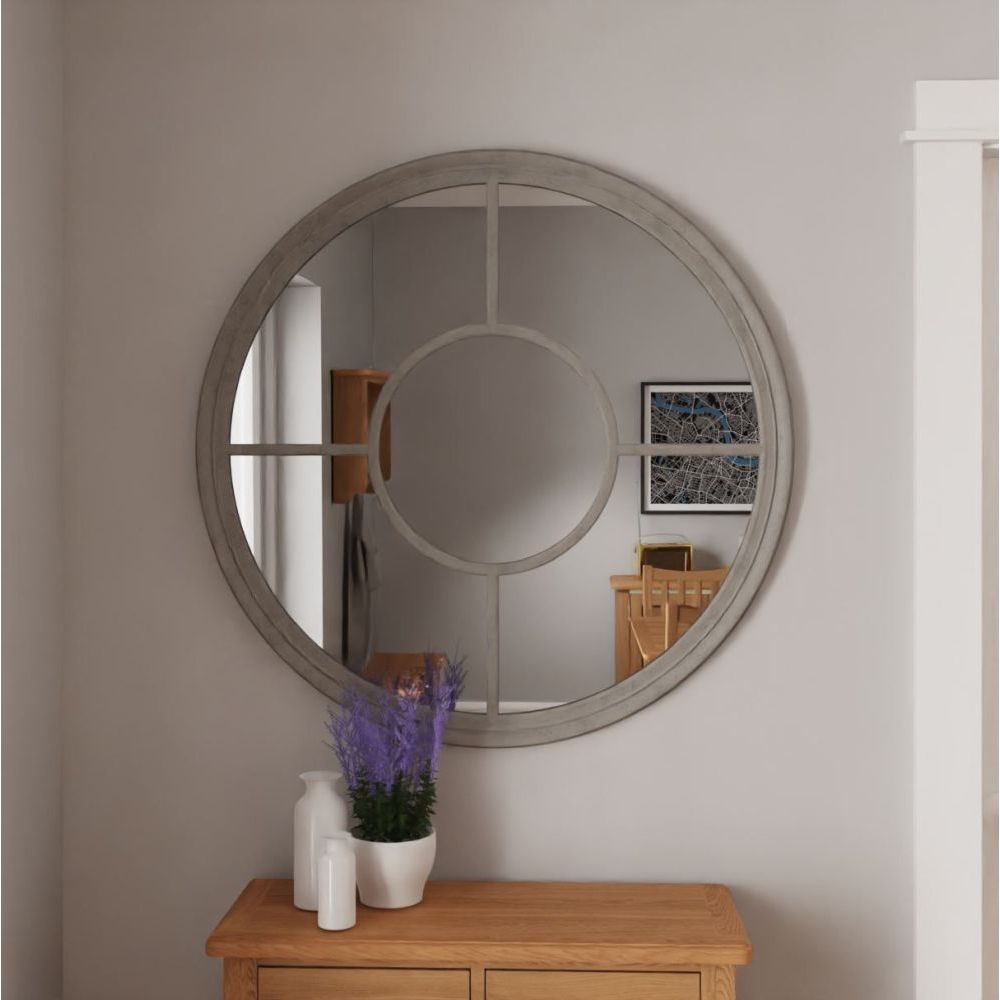 Essentials Mirror Collection Round Window Mirror Distressed Grey