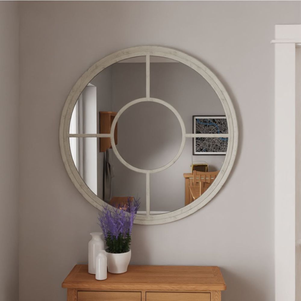 Essentials	Mirror Collection Round Window Mirror Distressed White