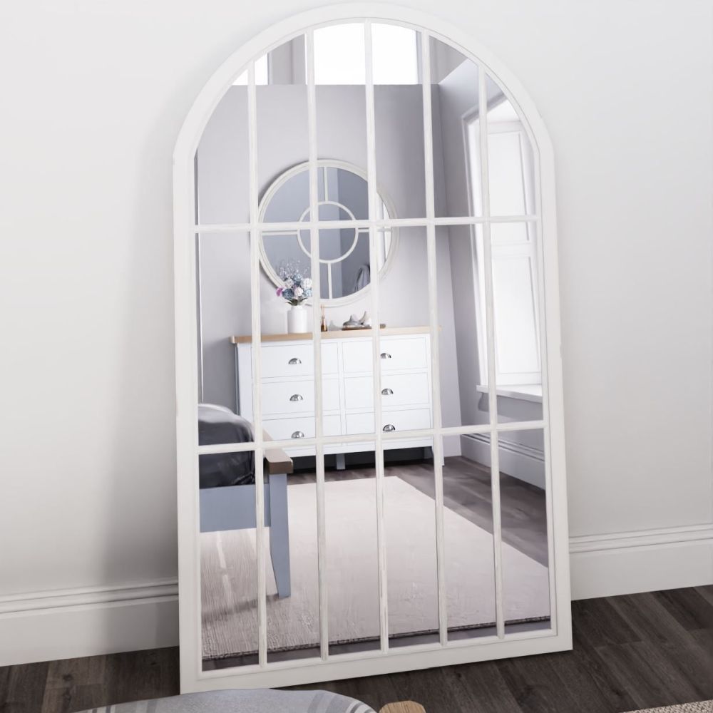 Essentials Mirror Collection Large Arched Window Mirror Distressed White