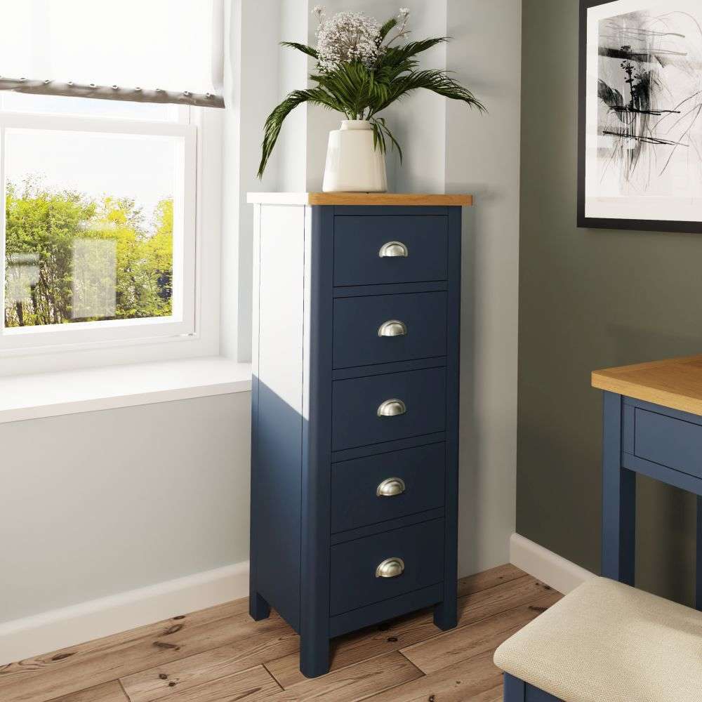 Essentials RA Bedroom Blue 5 Drawer Narrow Chest