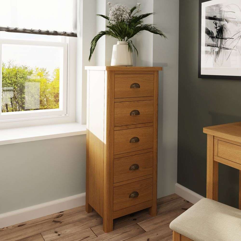 Essentials RAO Bedroom 5 Drawer Narrow Chest Rustic Oak