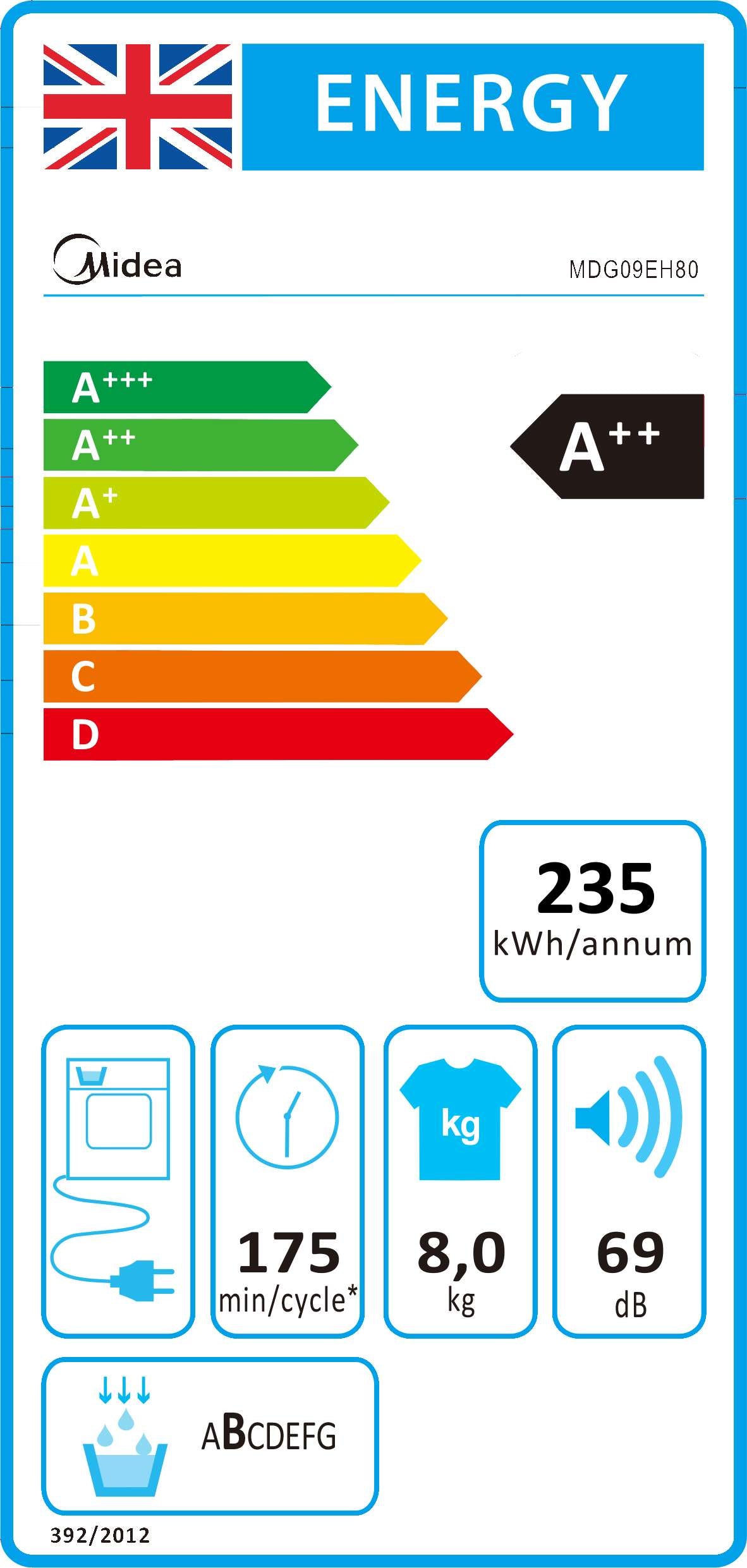 Midea MDG09EH80 8kg Freestanding Heat Pump Dryer, Energy Efficient A++, 16 Programs, Auto-Dry, Anti-Crease, Delay Start, Child Lock, White – Large Capacity Laundry Dryer