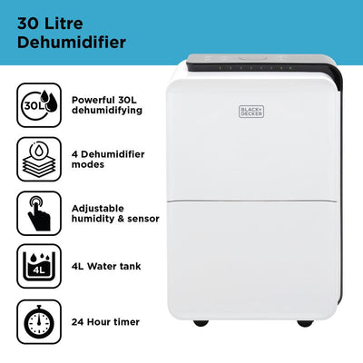 BLACK+DECKER 30 Litre Dehumidifier with 24 Hour Timer - BXEH60008GB