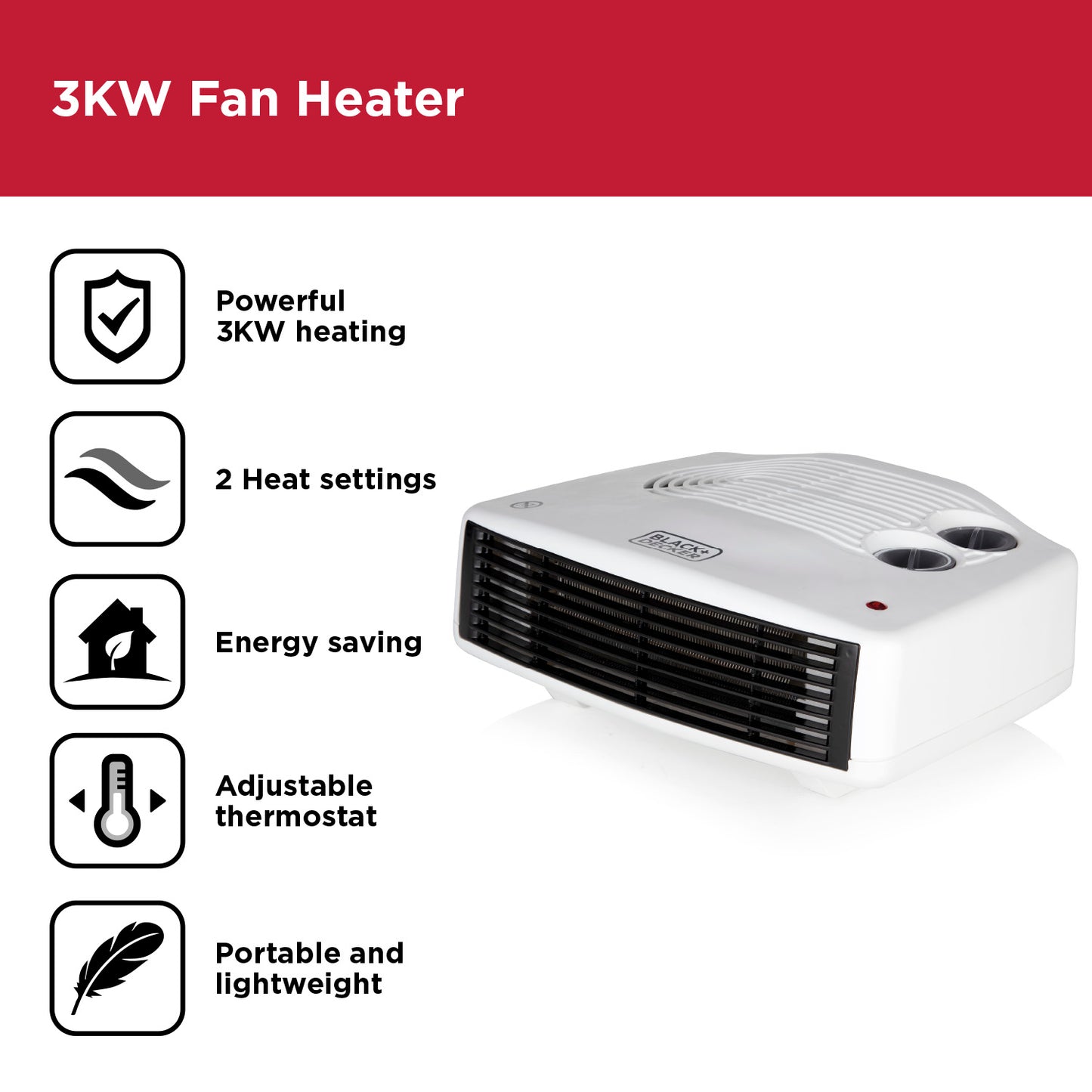 BLACK+DECKER 3KW Flat Fan Heater White