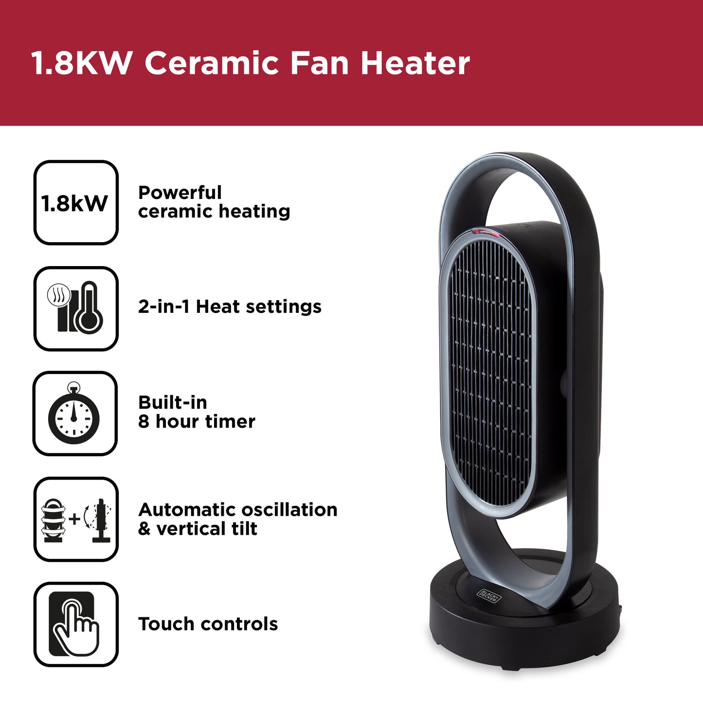 BLACK+DECKER 1.8KW Ceramic Heater with Timer Black