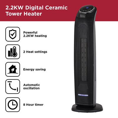 BLACK+DECKER 2.2KW Ceramic Tower Fan Heater Black