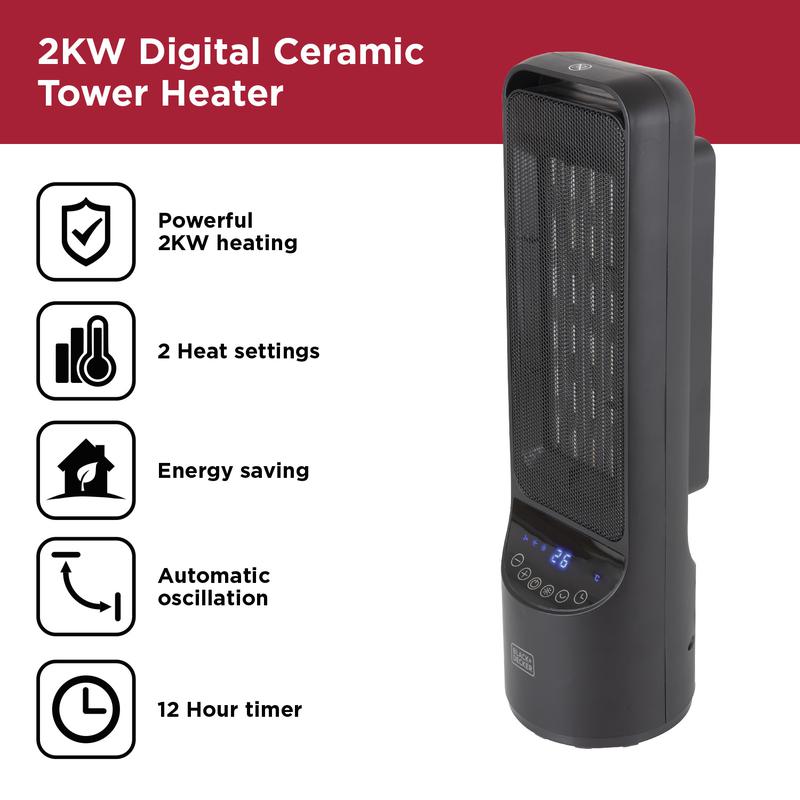 BLACK+DECKER 2KW Low Noise Ceramic Tower Heater with 12 Hour Timer Black