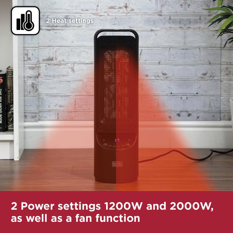 BLACK+DECKER 2KW Low Noise Ceramic Tower Heater with 12 Hour Timer Black