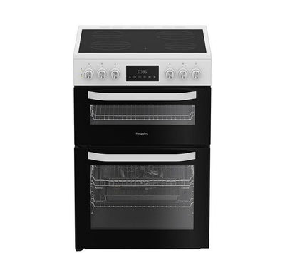 Hotpoint Multiflow HDE6VDW – 60 cm Freestanding Electric Ceramic Cooker, White – Double Oven, 4-Zone Hob, A Energy Rating