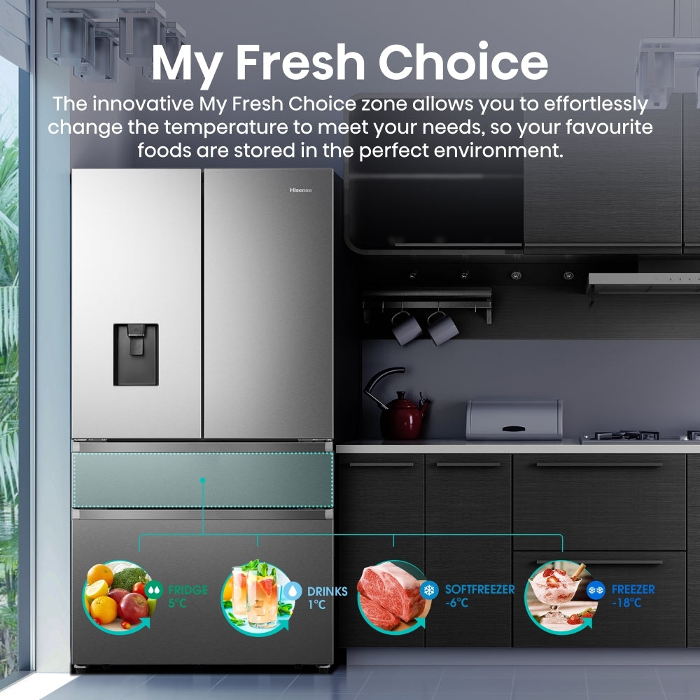 Hisense RF749N4SWSE American Fridge Freezer – Stainless Steel | Non-Plumbed Water Dispenser | Total No Frost | E Energy Rated | Premium Side-by-Side Design