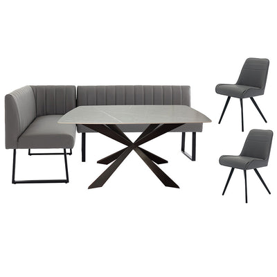 1.4m Grey Dining Table, LH Corner Bench & 2 Chairs - Grey - T114TG&CH113-4DG-LH