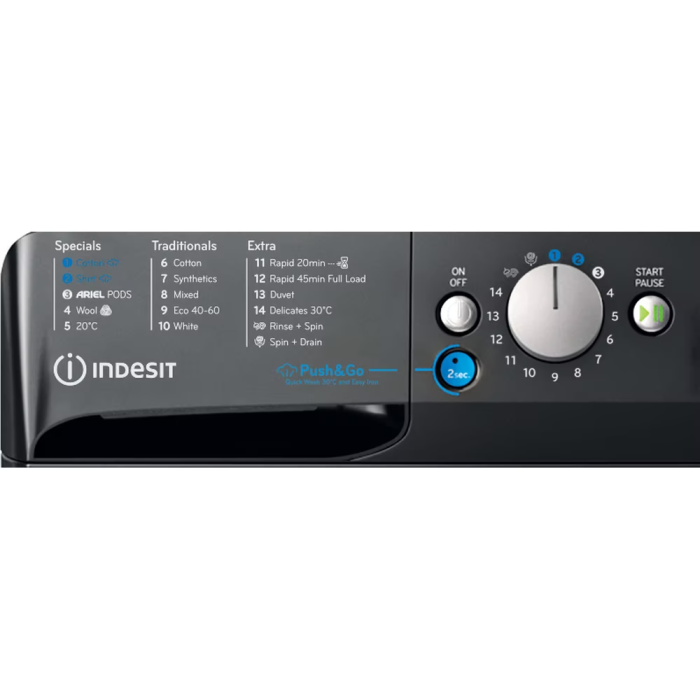 Indesit 9kg 1400rpm Freestanding Washing Machine – Push&Go, Black (BWE91496XKVUK)