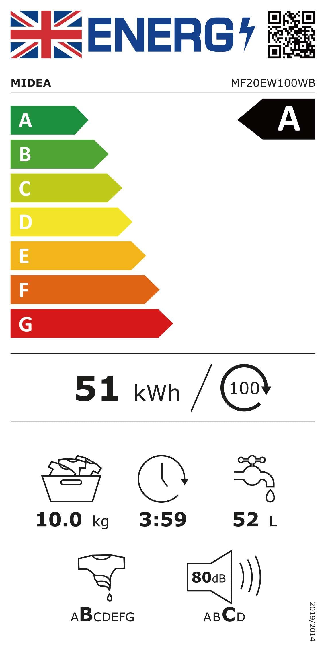 Midea MF20EW100WB Freestanding Washing Machine, Lunar Dial and BLDC, Steam care, 10 kg Load, White, Energy Class A