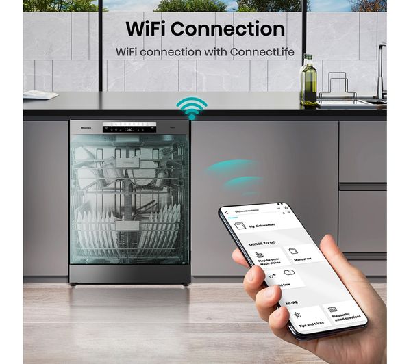 Hisense Full-Size WiFi-Enabled Freestanding Dishwasher – HS673C60XUK, 16 Place Settings, Stainless Steel