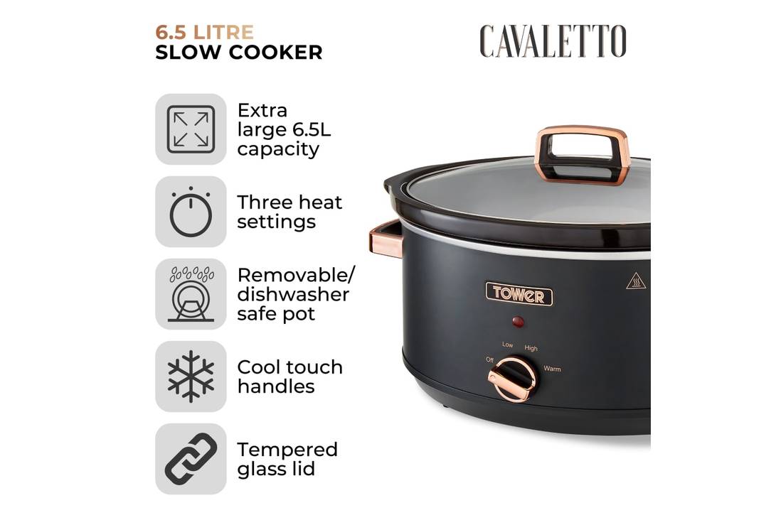 Tower Cavaletto T16043BLK 6.5L Slow Cooker with 3 Heat Settings– Black & Rose Gold