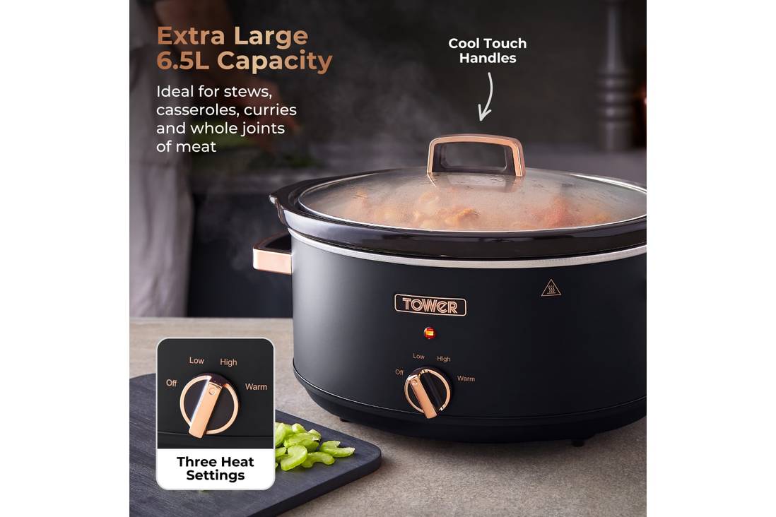 Tower Cavaletto T16043BLK 6.5L Slow Cooker with 3 Heat Settings– Black & Rose Gold