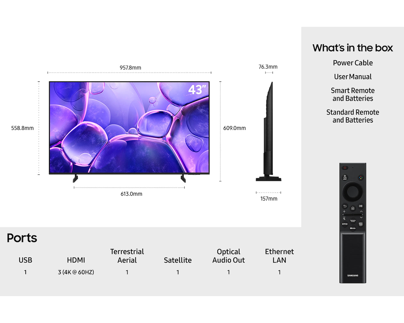 Samsung 43″ Crystal UHD U8020F 4K Smart TV (2025) – Crystal Processor 4K, Tizen Smart TV