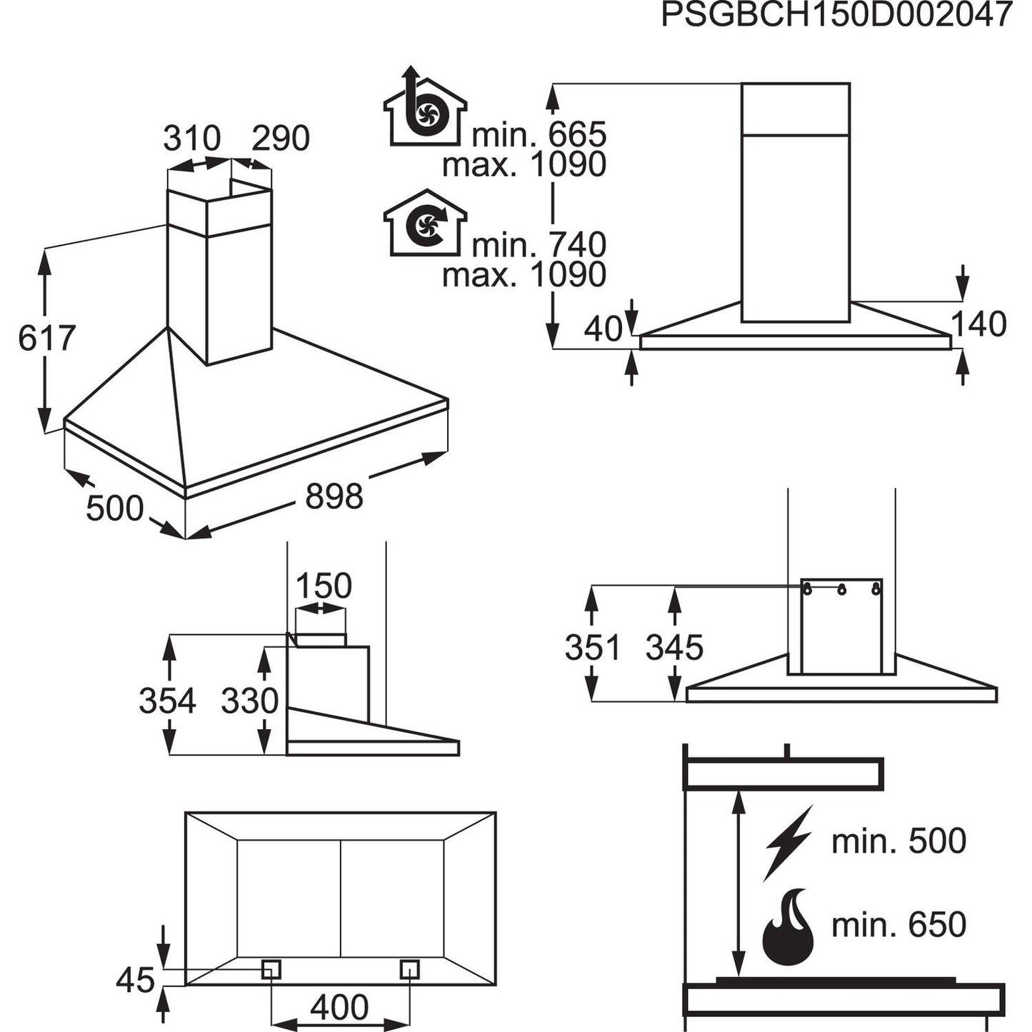 AEG DKB3950M 90CM PYRAMID WALL CHIMNEY HOOD - MECHANICAL PUSH BUTTONS - HALOGEN LAMPS - 3 SPEEDS