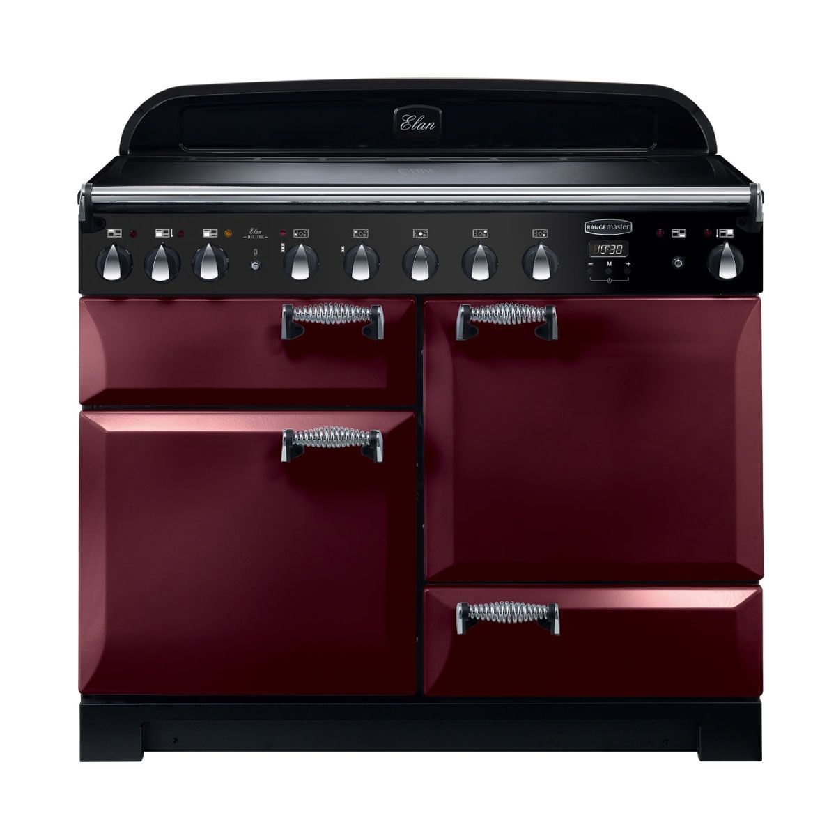 RANGEMASTER ELA110EICY ELAN DELUXE CRANBERRY WITH CHROME TRIM 110CM INDUCTION RANGE COOKER